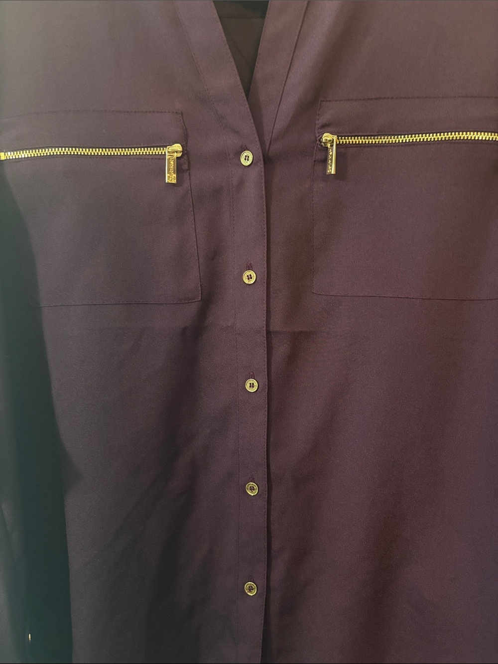 Calvin Klein Deep Plum Button-Front Blouse with Gold Zippers - Picture 4 of 5